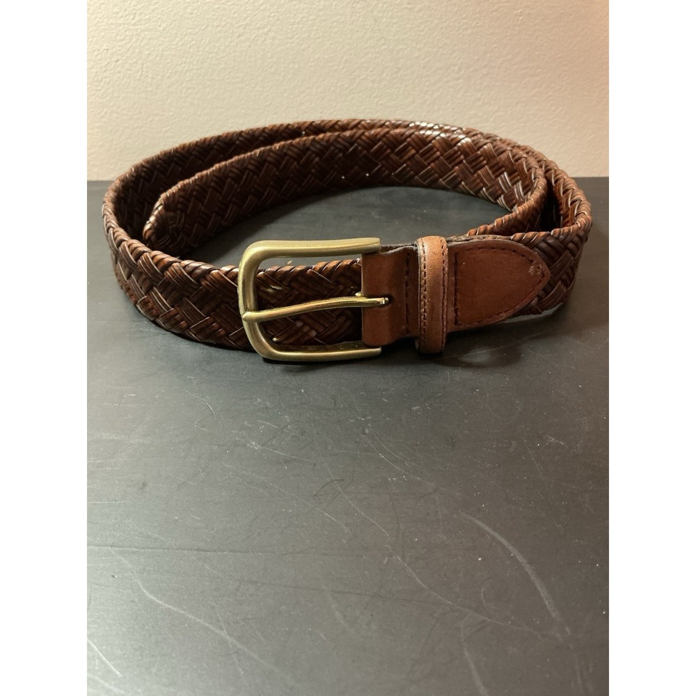Braided Bonded Leather Belt Mens Large Brown Woven Brass Buckle